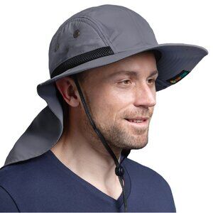 SUN CUBE unisex Wide Brim Sun Hat with Neck Flap, UPF50+  gray One size